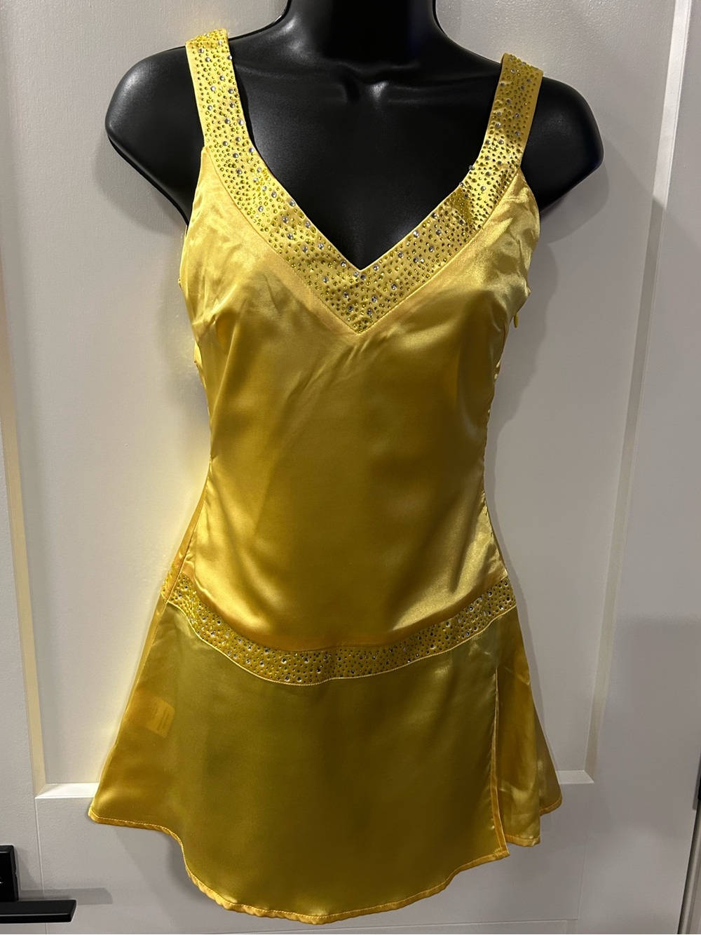 Allure Bright Yellow Satin Mini Dress with Crystal Accents